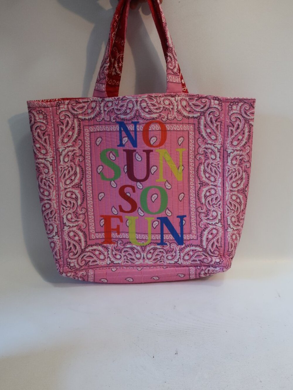 NWOT Womens Tina Demel "No Sun So Fun" Double Sided  Pink, Red Bandana Tote Bag